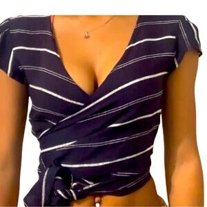 Blue & White Striped Cropped Wrap Top